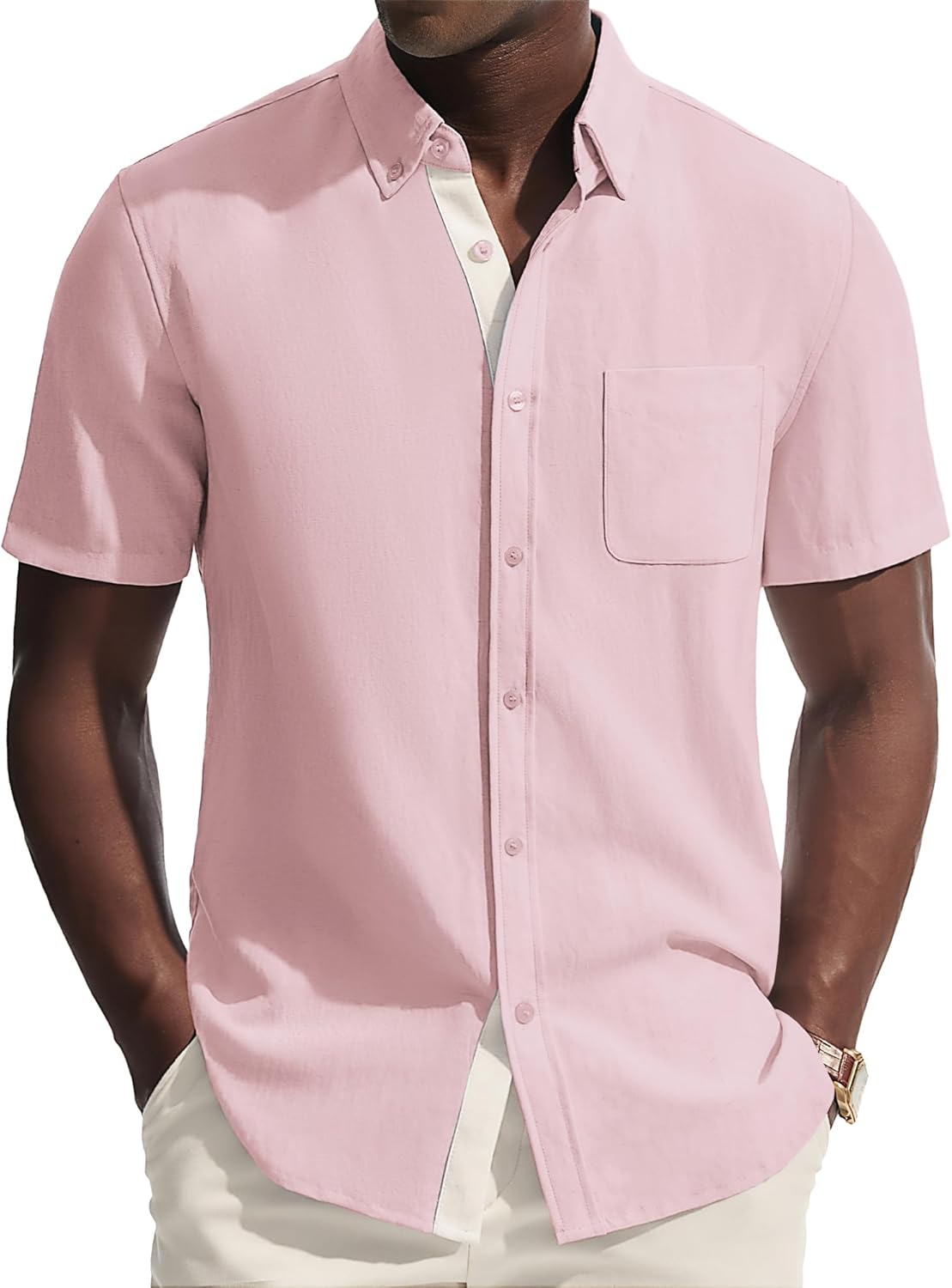 PJ PAUL JONES Mens Button Down Shirt Linen Short Sleeve Dress Shirts for Men Beach Summer Wedding Untucked Shirt