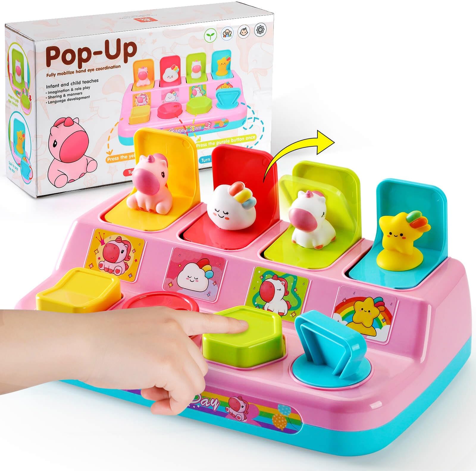 WinsticoBaby Pop Up Toy for 9 12 18 Months Girls Gifts-Unicorn Cause and Effect Toddlers Toys for 1 Year Old Girls- Educational Interactive Toy-Gifts for Baby Toys Age 18 Months+ Girl & Boy