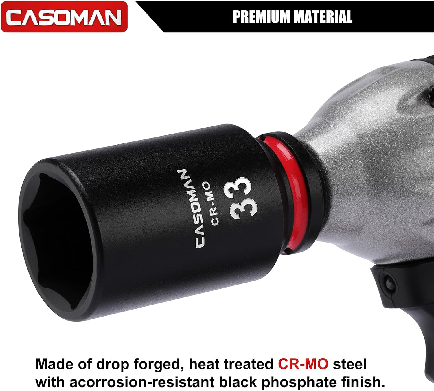 CASOMAN 1/2" Drive x 33mm Deep Impact Socket, 6-Point, Metric, CR-MO
