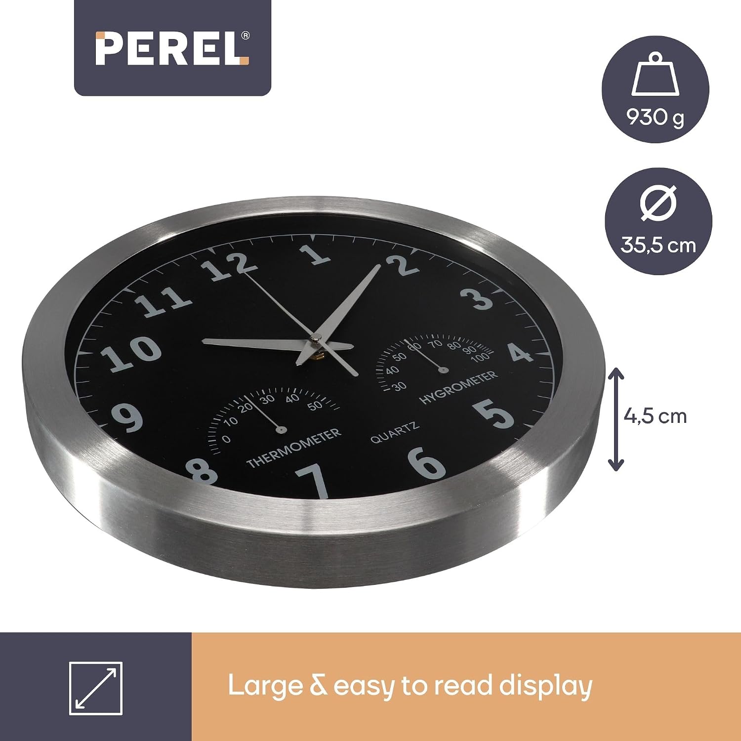 Perel Aluminium Wall Clock with Thermometer and Hygrometer, Diameter 35.5 cm, Metal, Silver/Black, Ø 35,5 cm