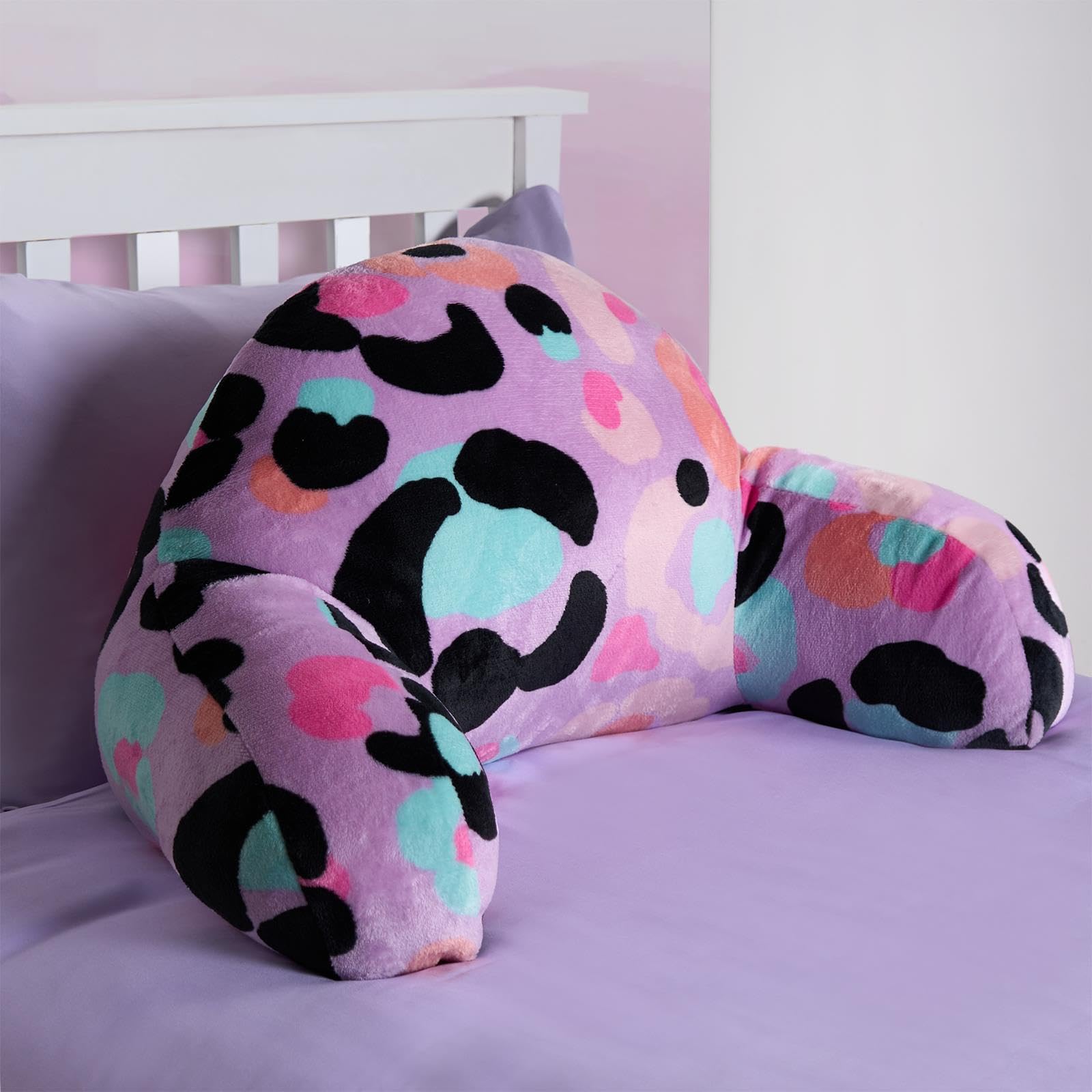 OHS Leopard Print Kids Cuddle Cushion, Reading Pillow for Bed Sofa Super Soft Cosy Fleece Gaming Cushion with Arms Back Support Pillow for Bed Relaxing Comfy, Lilac Purple — image 1