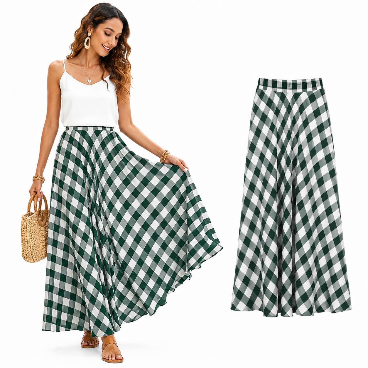 Cemssitu Women's Green Boho Skirts For Gingham Plaid Maxi Skirt, Flowy A-Line Elastic Waist Summer Beach Skirt (,S)