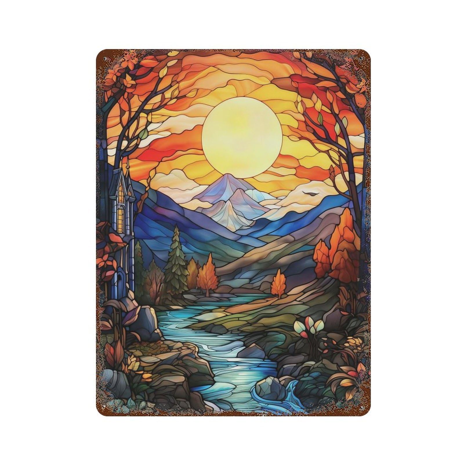 Garage Style Stained Glass Autumn Landscape with River Vintage Metal Tin Sign 15.7"x11.8", Rustic Home Decor for Bar And Workshop