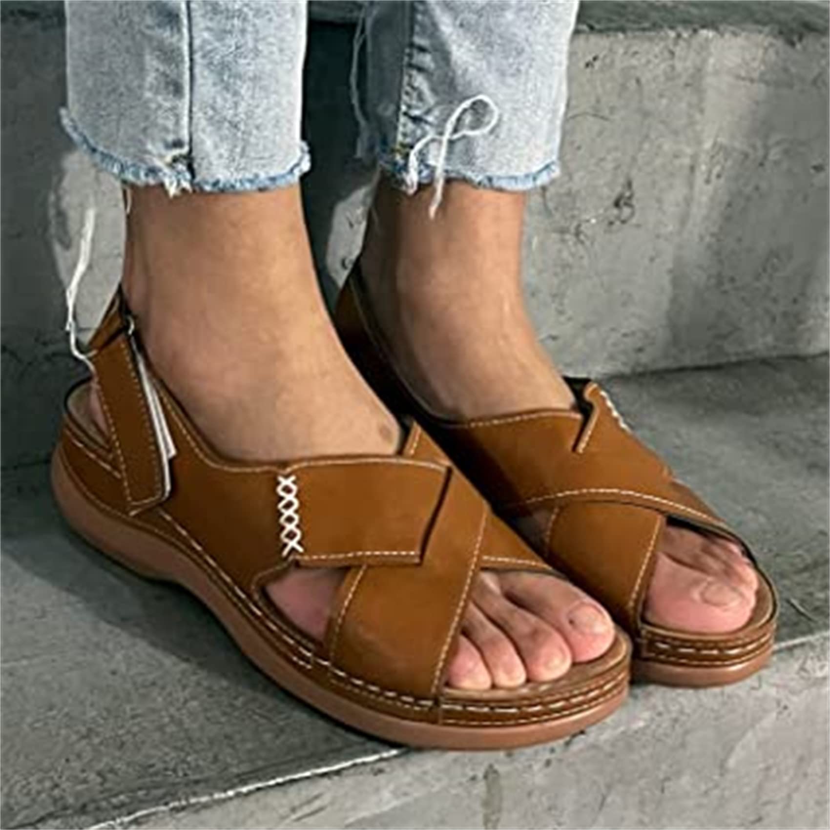 BBPM Women's Orthopedic Open Toe Leather Sandal, Orthopedic Bunion Corrector Sandals for Summer Outdoor Hiking Walking Beach,Brown,EU41/US9
