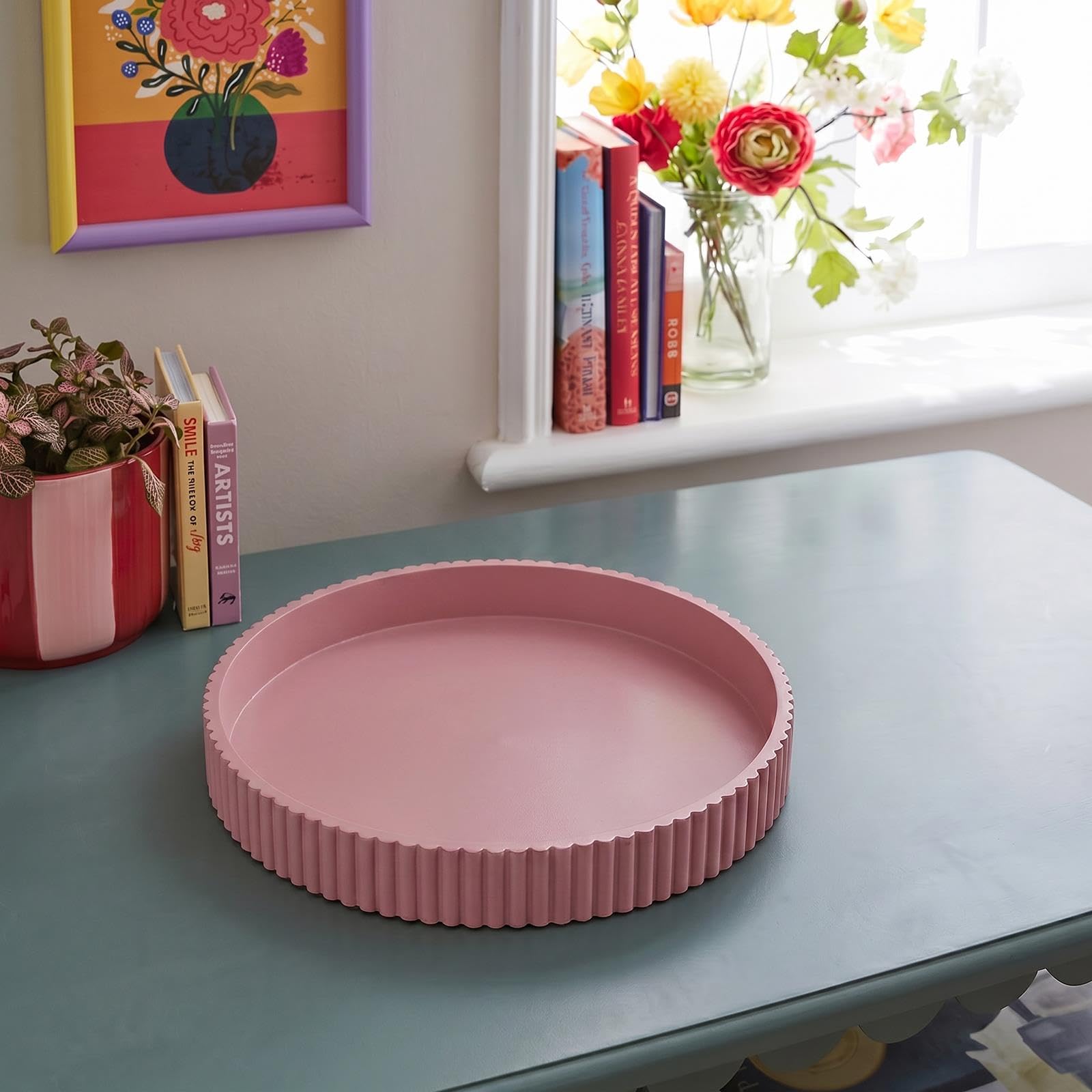 OHS Ribbed Round Decorative Tray Coffee Table, Pink - 28 x 28 x 3.8cm