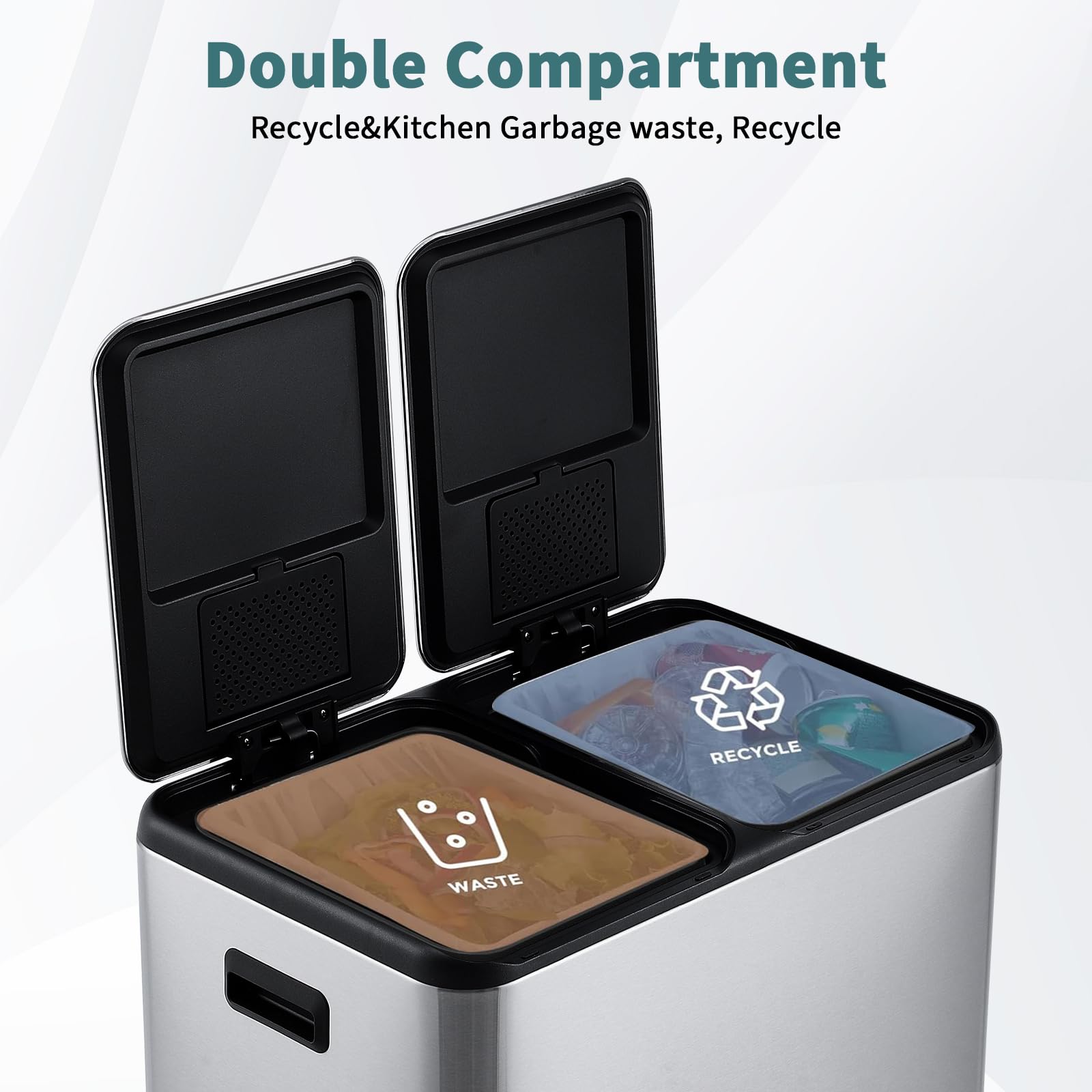 60L Mülleimer Küche – 2 x 30L Edelstahl Tretmülleimer mit Doppeldeckel – Mülltrennungssystem, Soft-Close, geräuscharm & berührungsfrei, für Abfall & Recycling im Haushalt, 60L 2*30L double bin kitchen