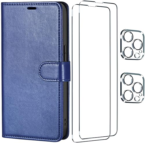 Funda 5 en 1 con tapa para iPhone 14 Pro, piel sintética tipo cartera con tarjetero, bloqueo RFID, protección 5 en 1, color azul claro