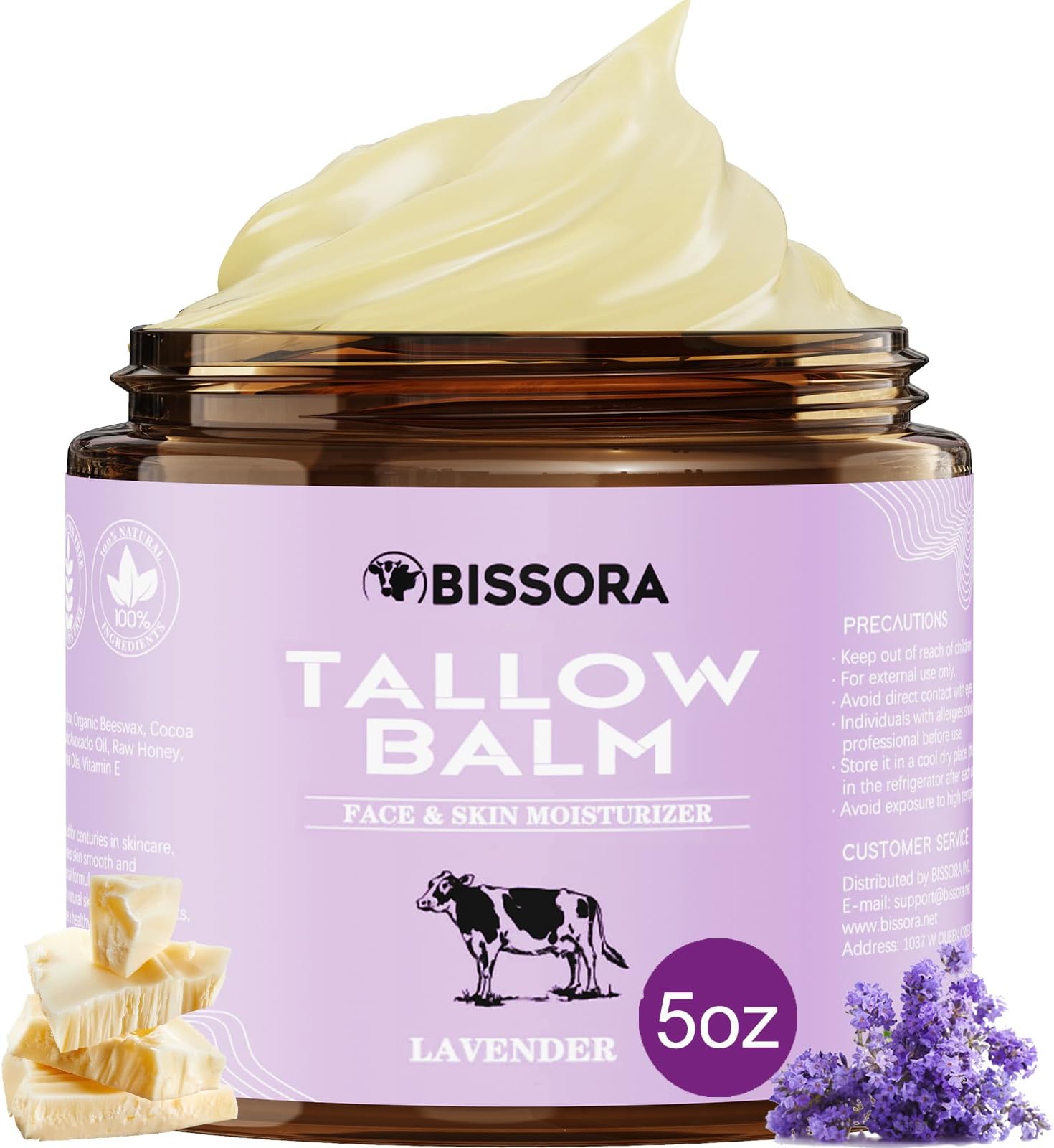 Beef Tallow for Skin, Organic Grass-Fed Beef Tallow Balm with Raw Honey & Jojoba Oil - Whipped Moisturizer for Face & Body - All-Natural Skin Care for Soft, Hydrated Skin (5 OZ, Lavender)