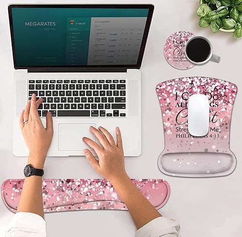 Miniatura 4 de Juego de almohadilla ergonómica para mouse con soporte de muñeca y teclado con posavasos, base de poliuretano antideslizante, fácil de escribir y