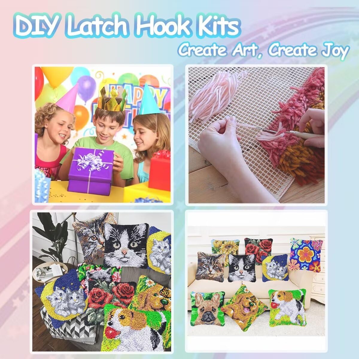 bositigo Latch Hook Kits for DIY Throw Pillow Cover, Colorful Handmade Pillow Case for Home Decoration, Festival Gift 17x17inch (Flower-BZ360)