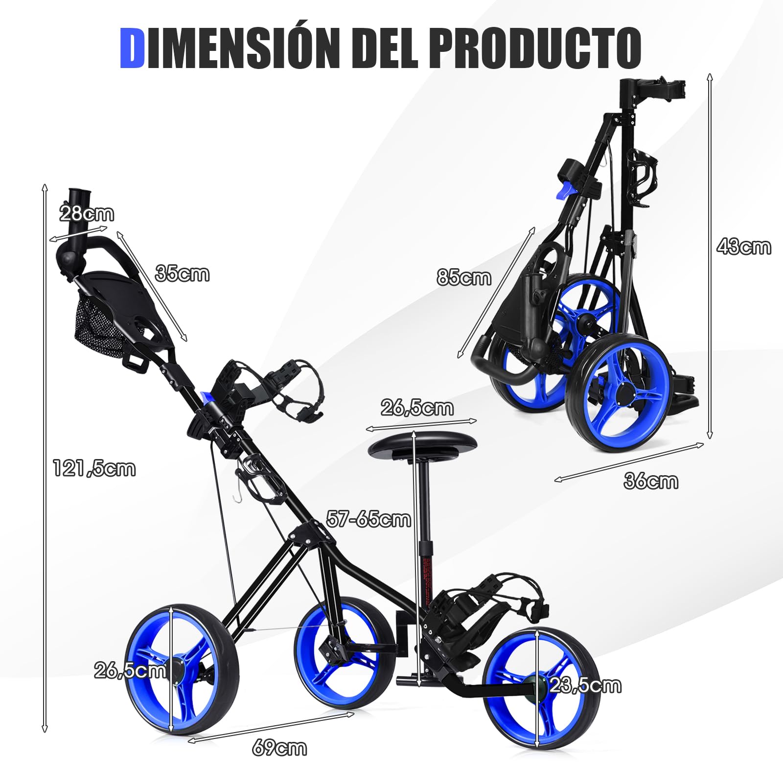 COSTWAY Carrito de Golf, Carrito de Golf Plegable con 3 Ruedas y Asiento, Mango de Altura Ajustable, Marcador, Portavasos, Paragüero, Freno de Pie, Ruedas Extraíbles