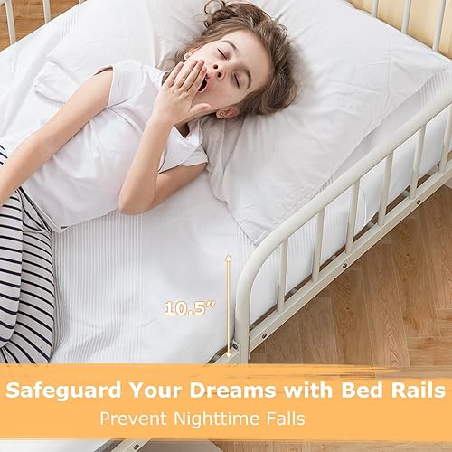 Miniatura 7 de Giantex Marco de cama de metal individual para niños, marco de cama de plataforma de metal resistente con cabecera y barandillas de seguridad, cama