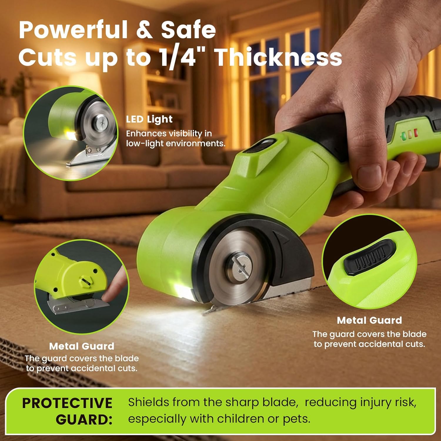 Electric Scissors & Cardboard Cutter, 4V Cordless Power Box Cutter for Recycling - 2000mAh Rechargeable Battery -Rotary Cutter Tool for Fabric, Carpet & Leather -Includes 3 Blades & Storage Bag