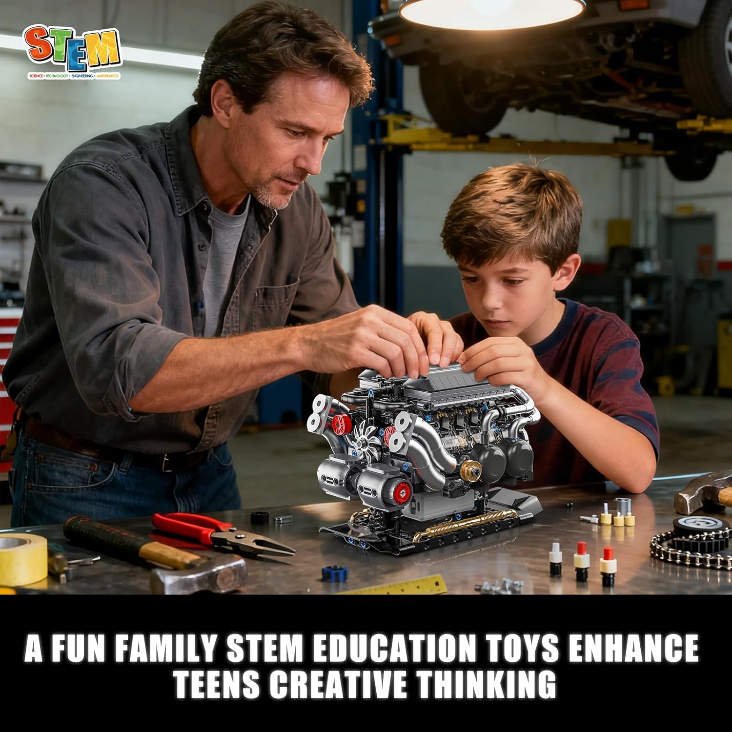 W16 Engine Building Blocks Set for Adults, STEM Mini 16-Cylinder Engine Model Kit That Runs, Compatible with Lego Car, DIY Physical Science Experiment Toy for Teens Boys 8-14+ (801 PCS)