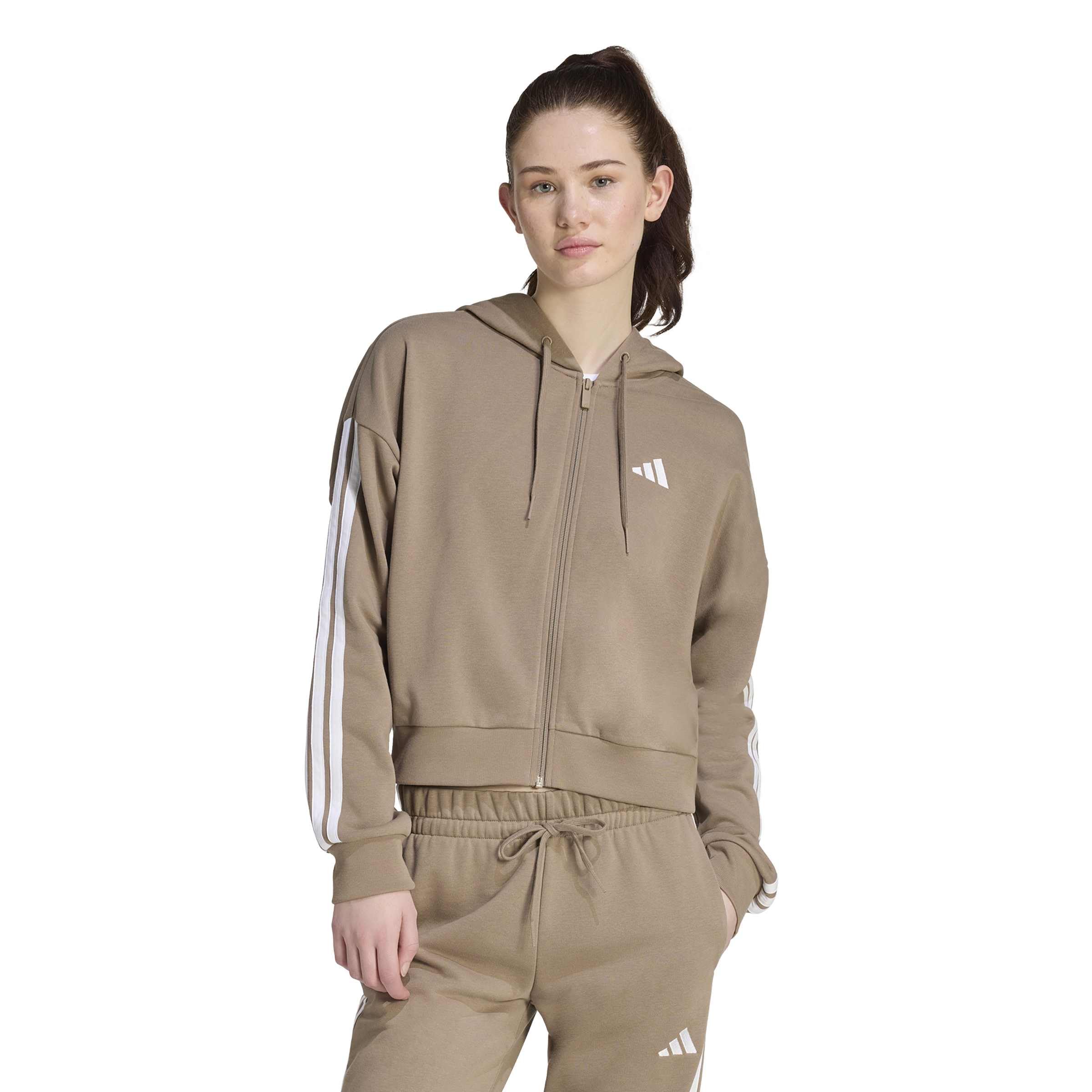 adidas Kobiety Essentials 3-Stripes French Terry Full Zip Hoodie Sweatshirt, Khaki Six/white, XS