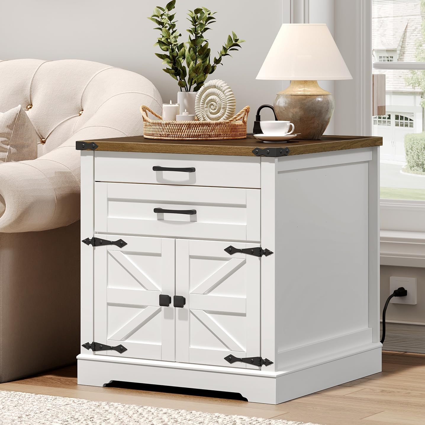 Farmhouse End Table with Charging Station, 24'' Sofa Side Table with 2 Drawers and Barn Door, Large Rustic Wooden Square Nightstand for Bedroom, Living Room, White and Walnut