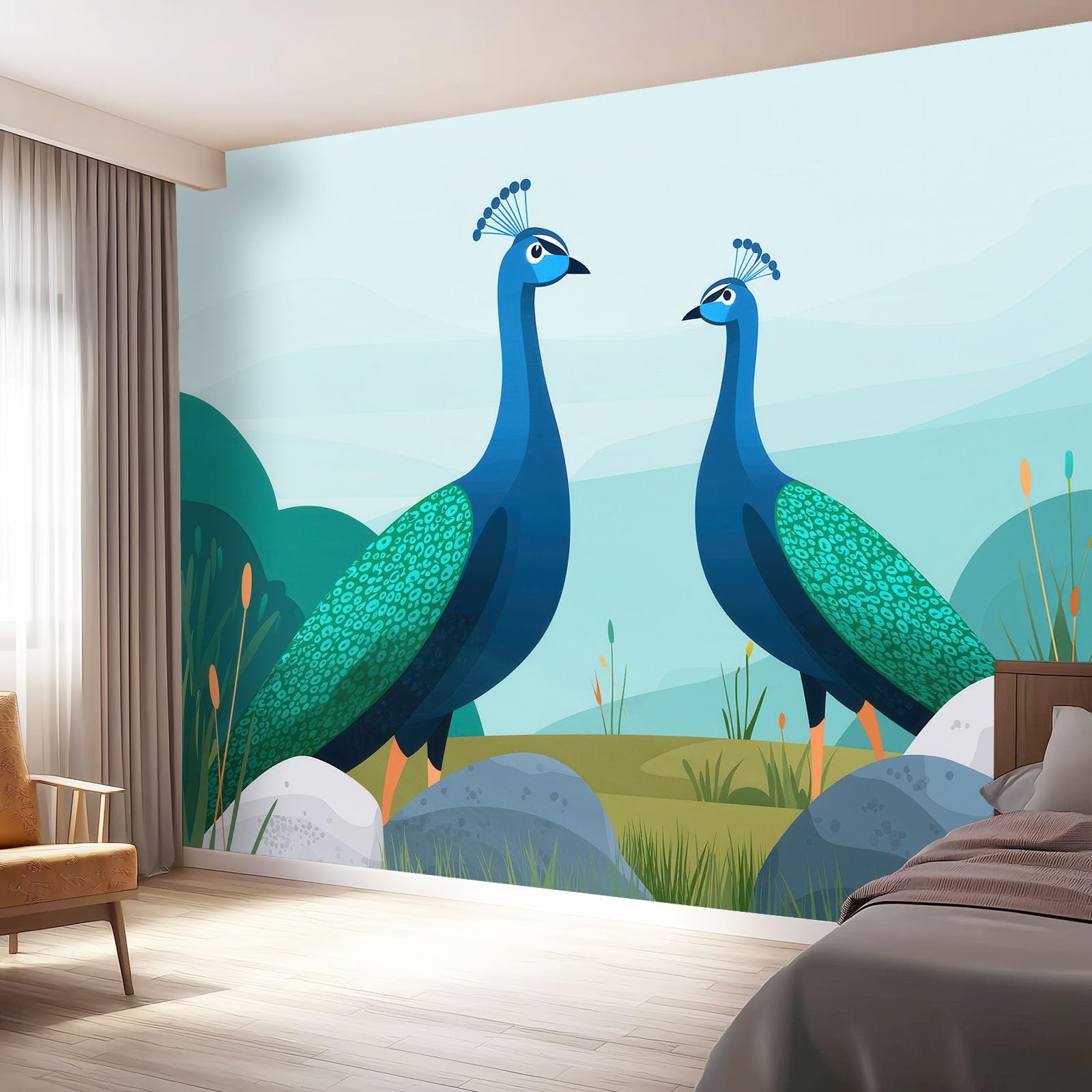 Tapeta z włókniny 200 x 140 cm, uroczy paw plakat fotograficzny na ścianę do kuchni, sypialni, restauracji, salonu, pokoju dziecięcego, dekoracja ścienna niebieski zielony