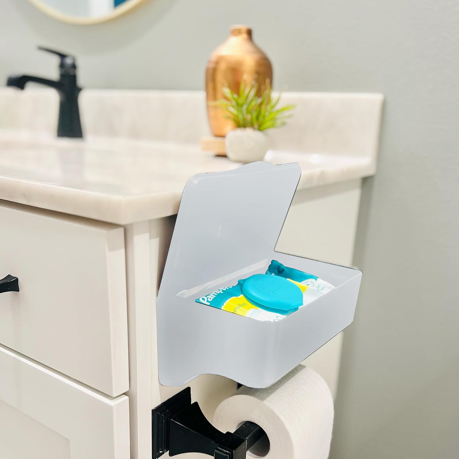 White Peel and Stick Bathroom Wipe Holder with Shelf