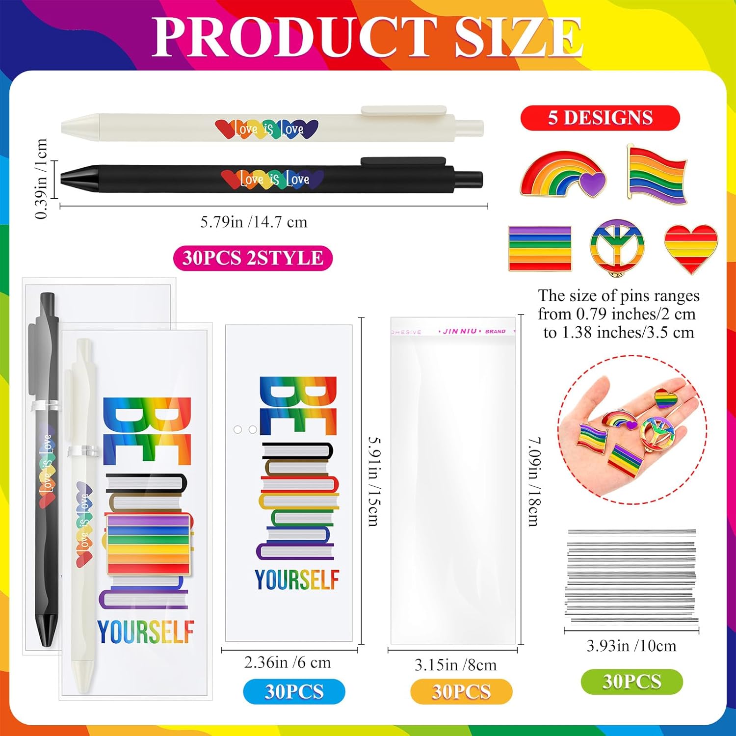 Spakon 30 Sets LGBT Gay Pride Day Gifts Bulk Rainbow Enamel Lapel Pins Love is Love Ballpoint Pen with Rainbow Bookmarks for Parades, Gay Pride Month Festival Party Favors - Image 2