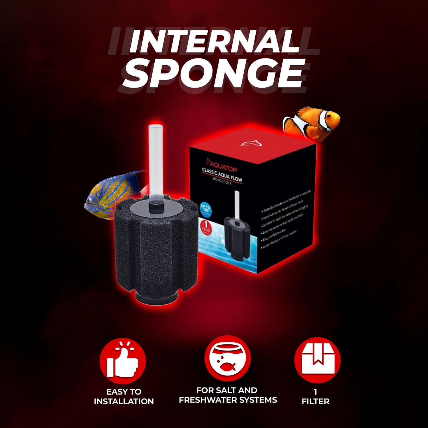 Aquatop Internal Sponge Filter – Up to 180 Gallons – CAF-180 – Includes Free Air Stone – Mechanical & Biological Filtration – High Flow Rates