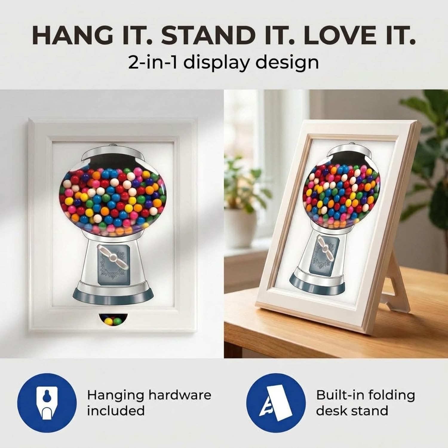 Eye Candy Frame, Candy Dispenser, Gumball Machine in a Frame, For Candies, Nuts, Dog & Cat Treats, Hang on Wall, Stand on Table, Birthday & Holiday Gift for All Ages, Large 15" x 12" (White)