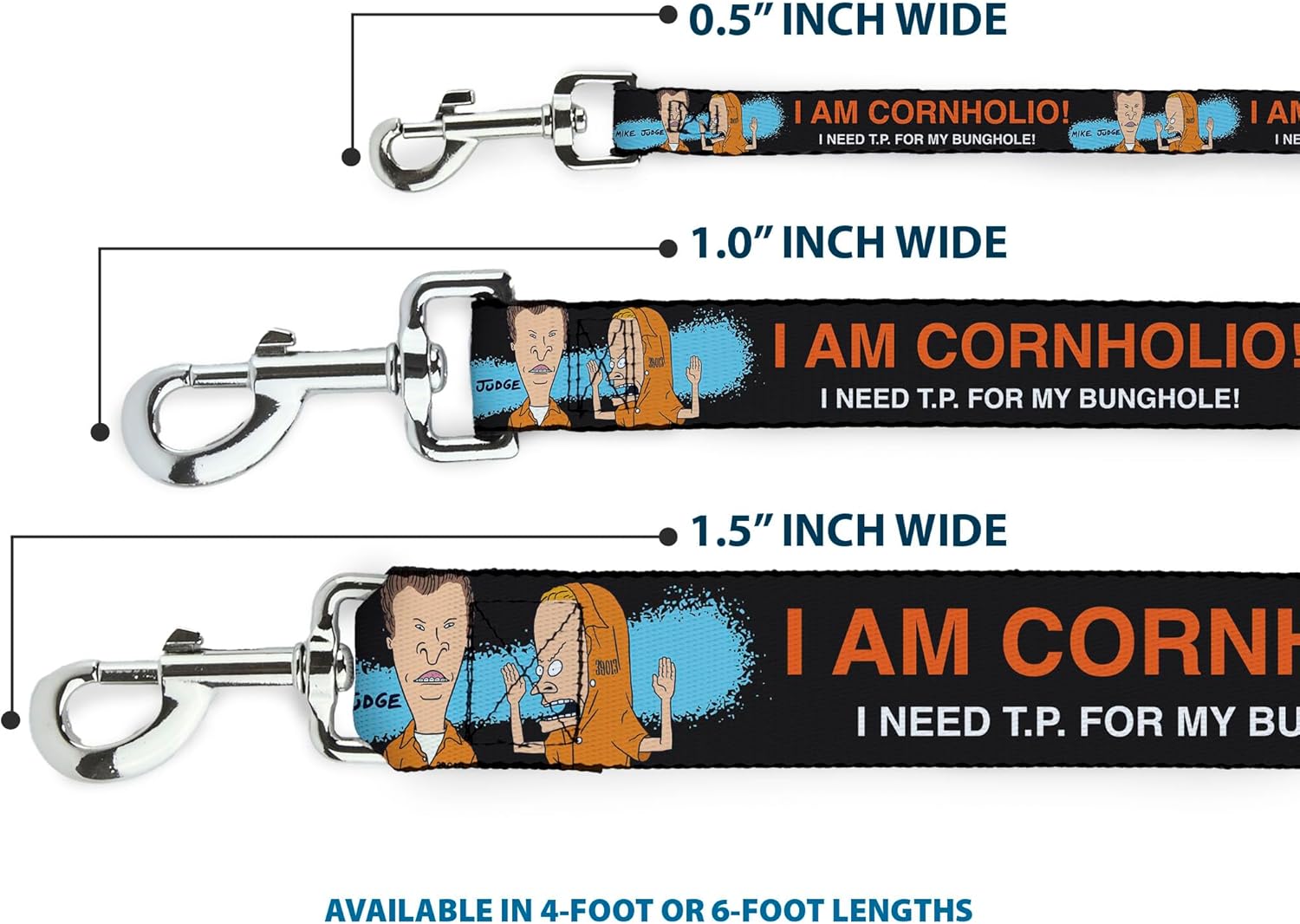 MTV Pet Leash, Dog Leash, Beavis and Butt-Head I Am Cornholio Pose Black Orange White, 6 Feet Long 1.0 Inch Wide