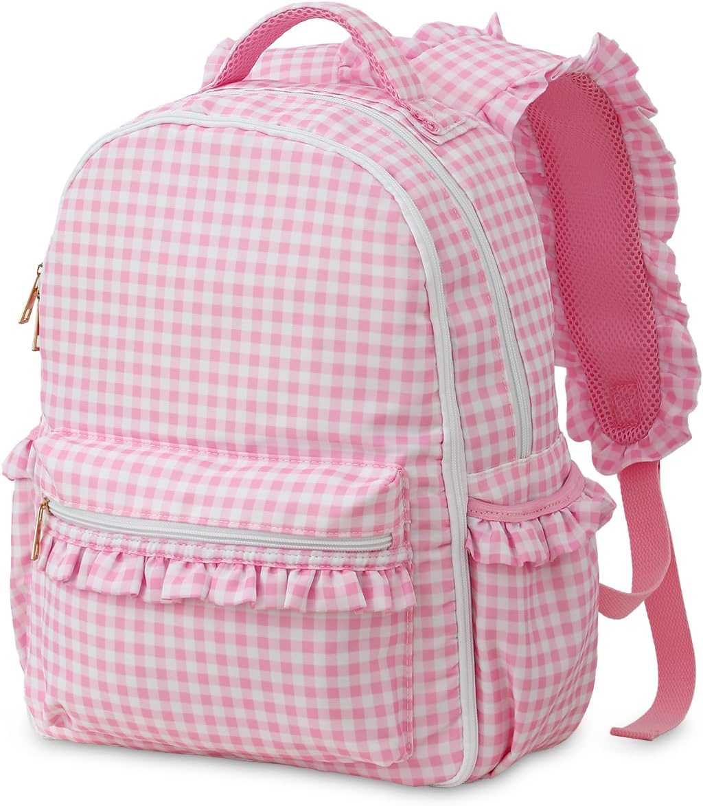 DYSHAYEN Kids Backpack for Girls, 15" Ruffled Backpack for School Kindergarten Bookbag 5-8, Fully Opened Compartment (Pink Gingham)