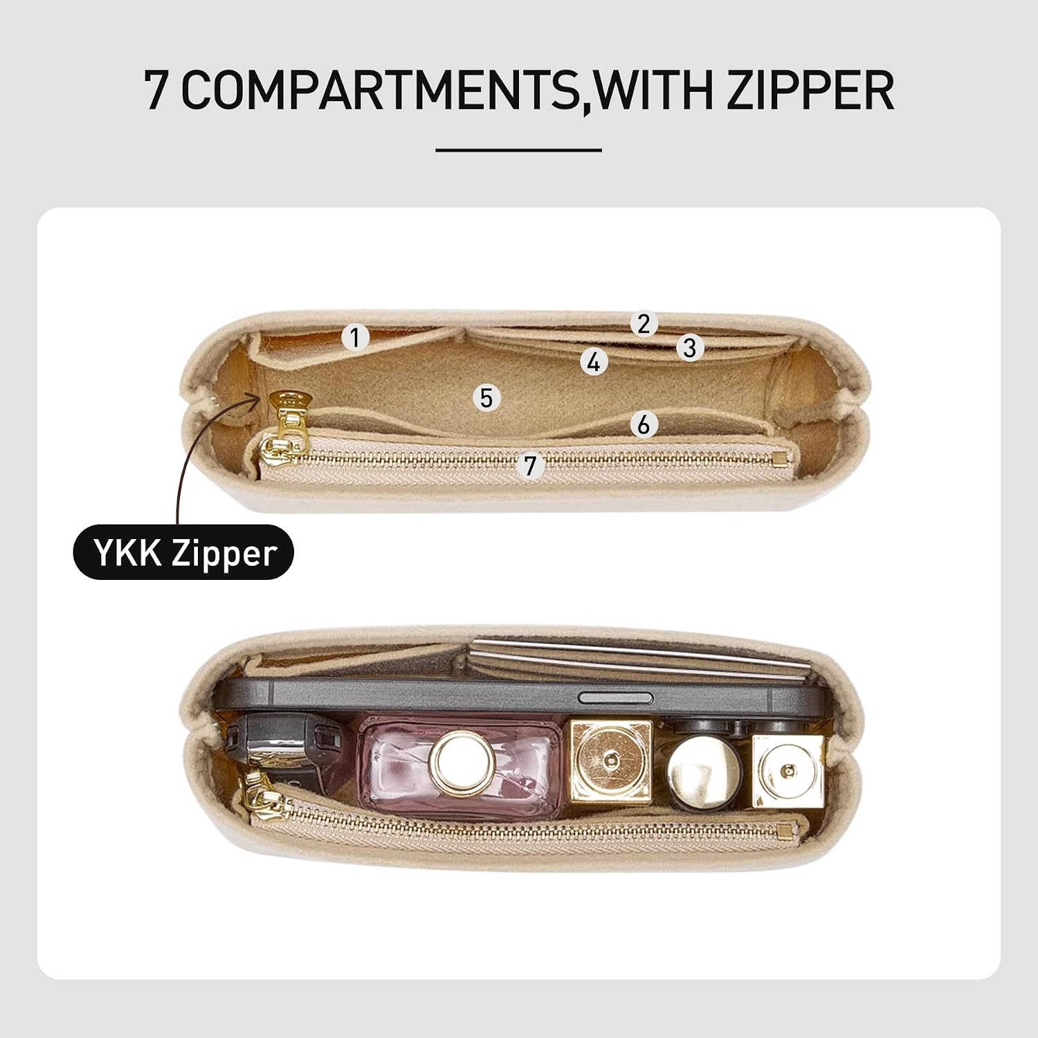 Purse Organizer Insert, Felt Zipper Small Tote Handbag Organizer Compatible with neverfull BB, mini anjou, energy xs and More,Beige/XS image 4