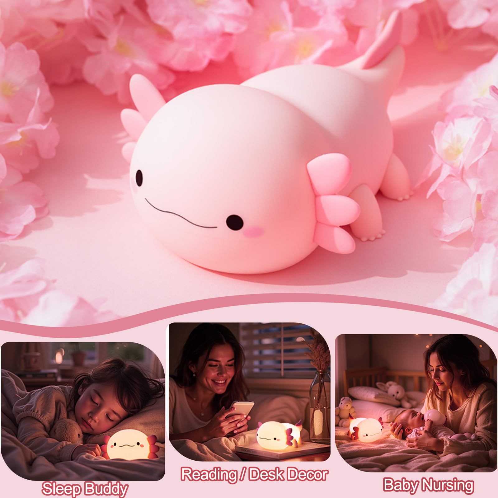 Axolotl Lampe, Axolotl Niedliches Nachtlicht, Geschenke, wiederaufladbares Nachttisch-Nachtlicht, dimmbare Squishy-Silikon-Tier-Touch-Lampe, Babyzimmer-Dekor, rosa Nachtlicht für Kinder, Teenager