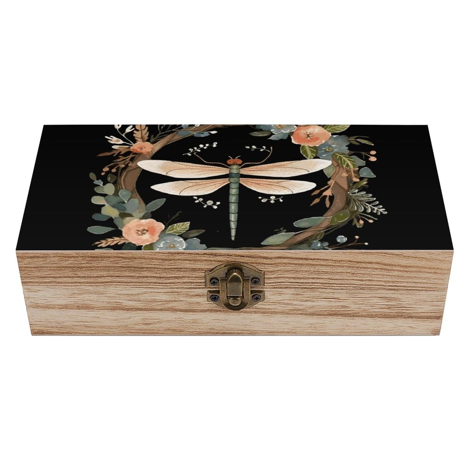 Image of Dragonfly in Wreath Wooden Storage Box Exquisite Durable Wood Gift Case Sturdy Vintage Jewelry Wooden Chest for Art Hobbies Storage Keepsake Gift