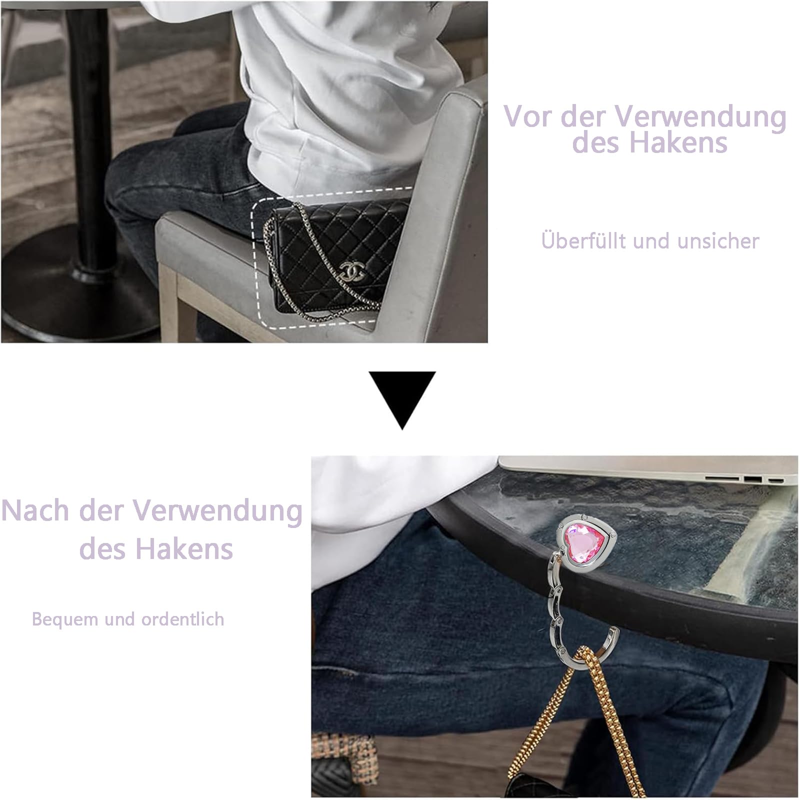 Taschenhalter Für Tisch – 2er-Set Lila & Pink, Stabiler Handtaschenaufhänger, Praktisch Für Cafés, Restaurants & Zuhause, Einfach Zu Montieren, Platzsparend