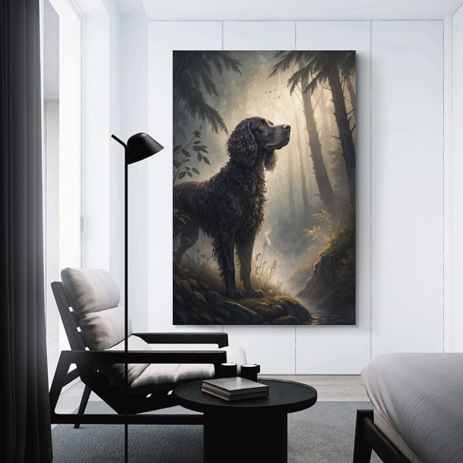 Junmoney Dog in A Misty Forest Wall Picture Print 20x30inch(50x75cm), for Calm Bedrooms, Home Corners Or Flats, Home Artwork with A Soft Interior Feel