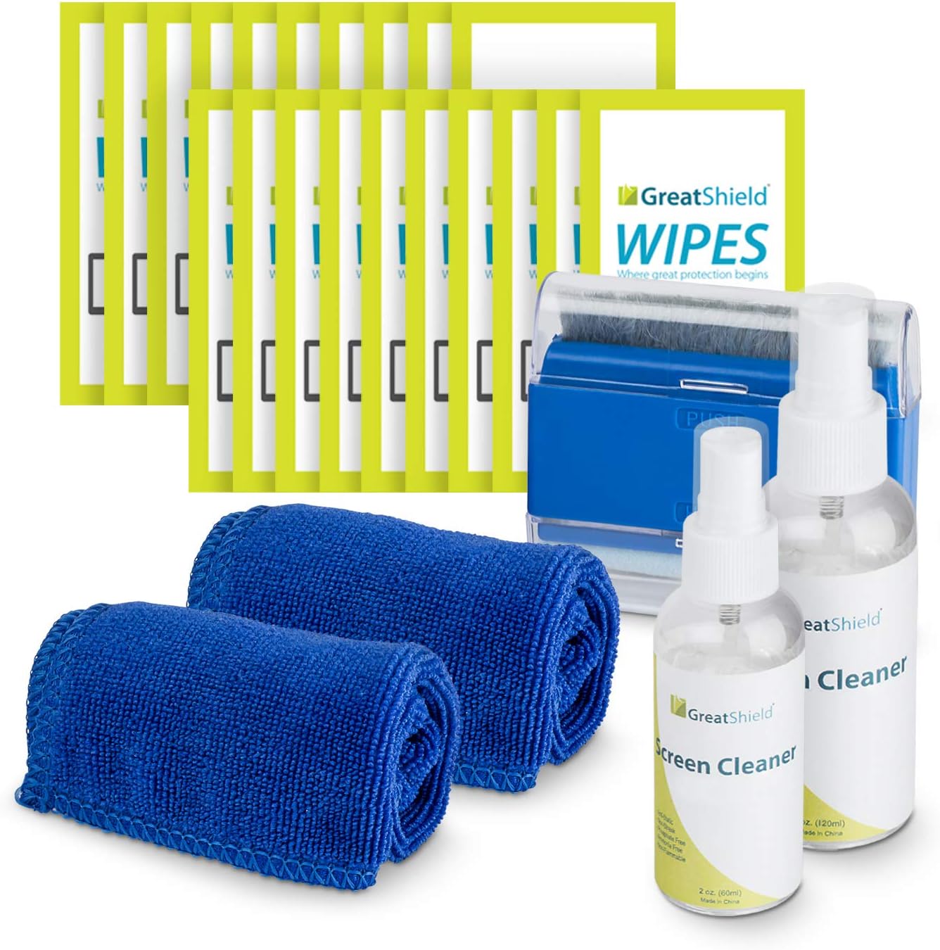 GreatShield Screen Cleaning Kit with 2 Bottle Solution (60ml and 120ml), 2 Microfiber Cloths, 20