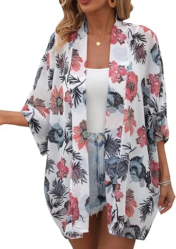 WEIYAN Womens Tops Loose Chiffon Kimono Cardigan Beach Swim Cover up Blouse
