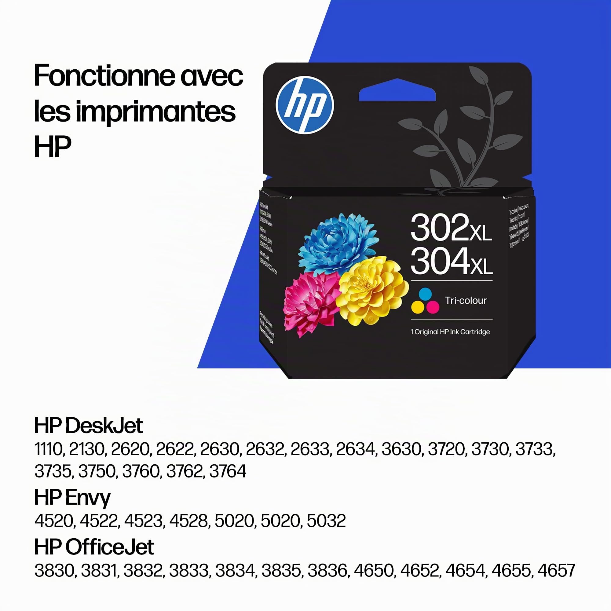 HP 302XL/304XL Trois Couleurs, Cartouche Encre Originale, Grande Capacité | Compatible avec les gammes d'imprimantes DeskJet 1110, 2130, Envy 4520, OfficeJet 3830, 5220, 5230, 300 pages (B7RT8AE)