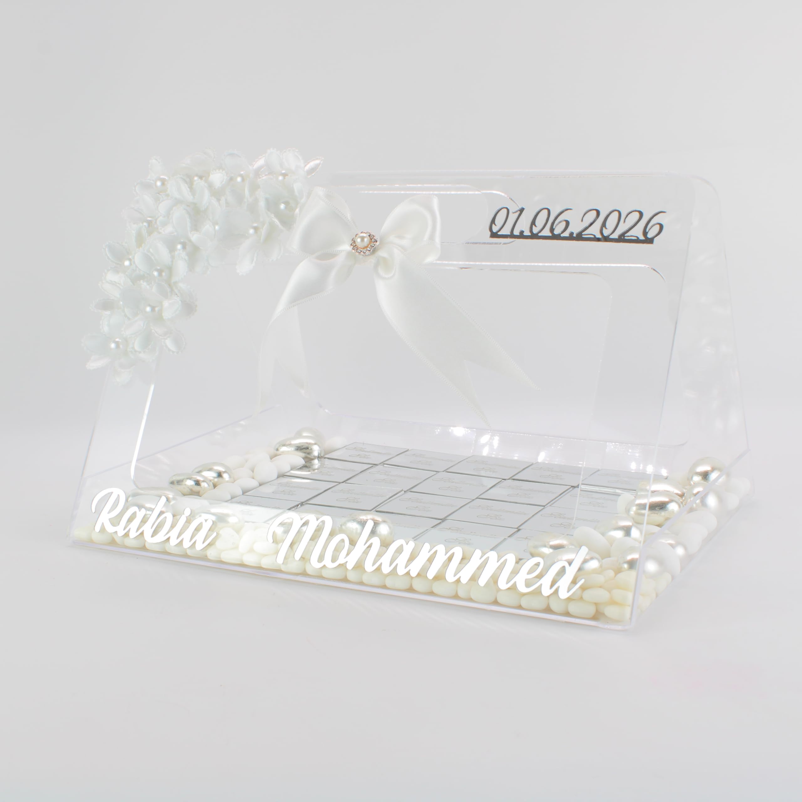Personalisierte Schokolade-Tasche - Plexiglas Geschenk mit Gravur - 20/40 Stück - Verlobung, Hochzeit & Events - Halal Pralinen & Süßigkeiten