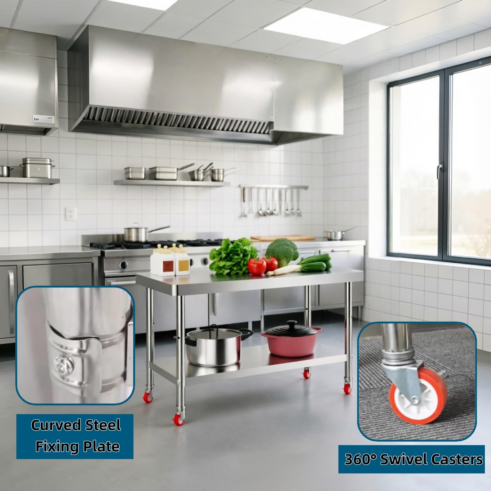 Mesa de preparación de acero inoxidable con ruedas, mesa de trabajo de cocina comercial con ruedas, estación de trabajo rodante resistente para restaurante, garaje y barbacoa al aire libre