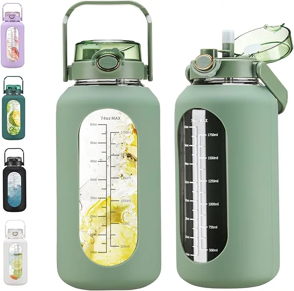chunmo 74 oz Glass Water Bolttles with Straw Large Motivational Water Bottle with Time Marker Sports Water Bottles with Silicone Sleeve and Handle Lid 2.2L Water Jug for Gym Workout