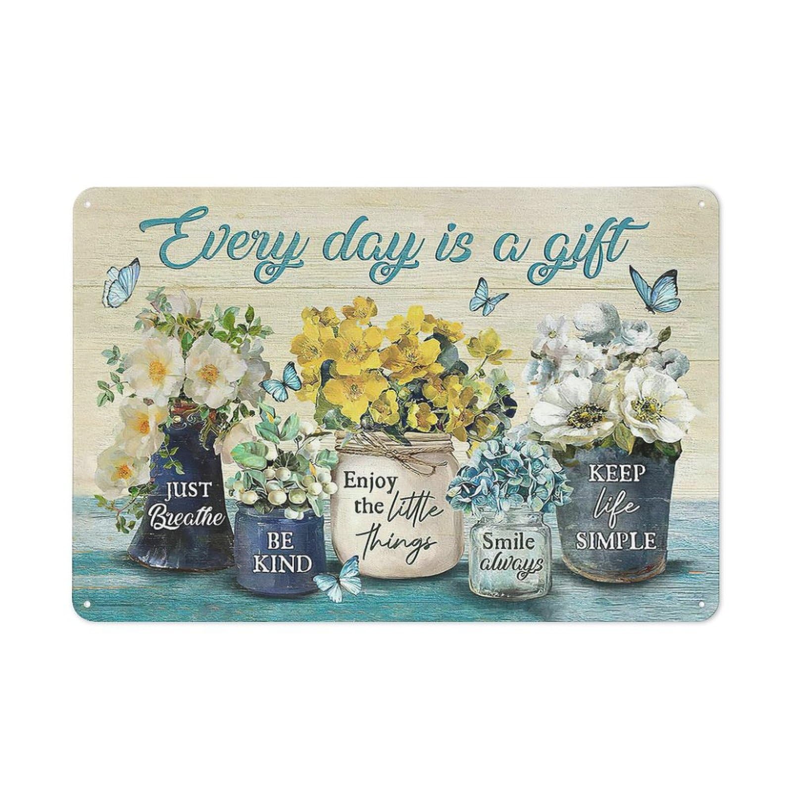 Retro Metal Tin Sign Farmhouse Bathroom Flower Decor Wall Art Every Day Is a Gift Butterfly Yellow Floral Country Wall Art Home Parlor Garden Courtyard Wall Decor 8x12 Inch