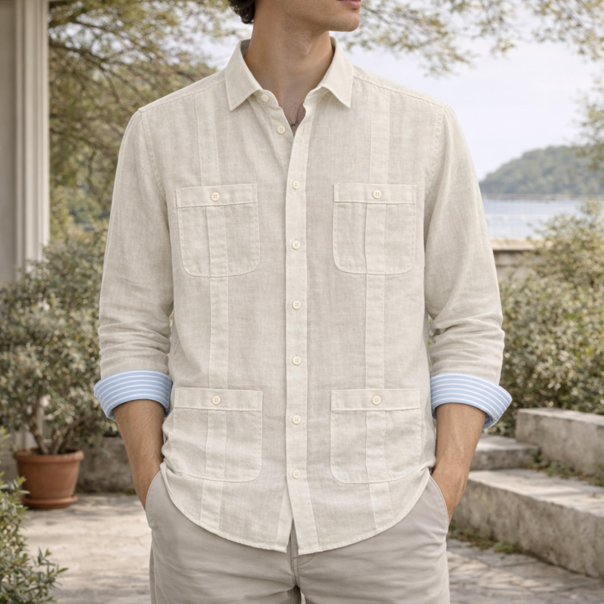 Chemise guayabera en lin pour homme, manches longues avec 4 poches et sacoches style cubain décontracté, pour plage, été et mariage, respirante et légère