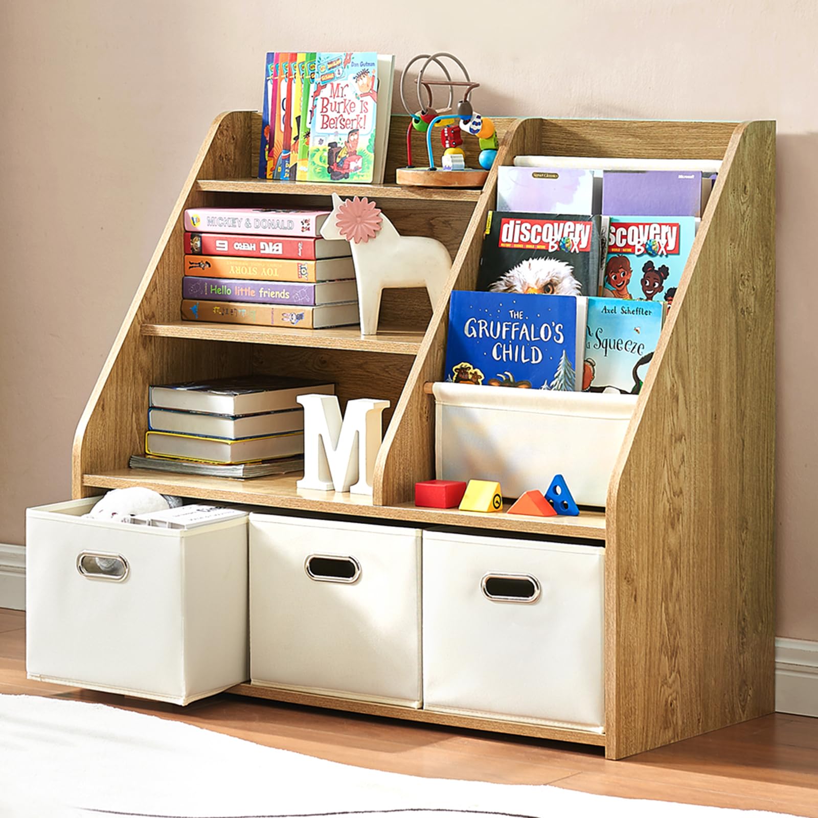 EFURDEN Kinder Bücherregal mit Aufbewahrung, 4-stufiges Montessori Spielzeugregal aus Holz mit 3 Schubladen & 4 Stoffboxen, Organizer für Kinderzimmer, Spielzimmer