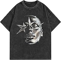 AugYew Unisex Oversized Graphic Cotton T-Shirt - Vintage Acid Wash Short Sleeve Streetwear Tee for Men Women