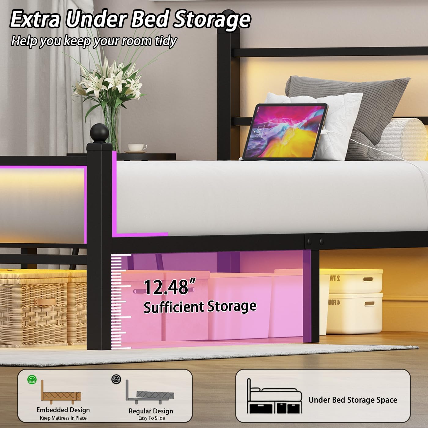 Twin Bed Frames with Headboard and Footboard,Black Metal Platform Bed Frame with RGB LED Lights and USB Charging Station,Under Bed Storage,No Box Spring Needed,Suitable for Bedrooms - Image 5