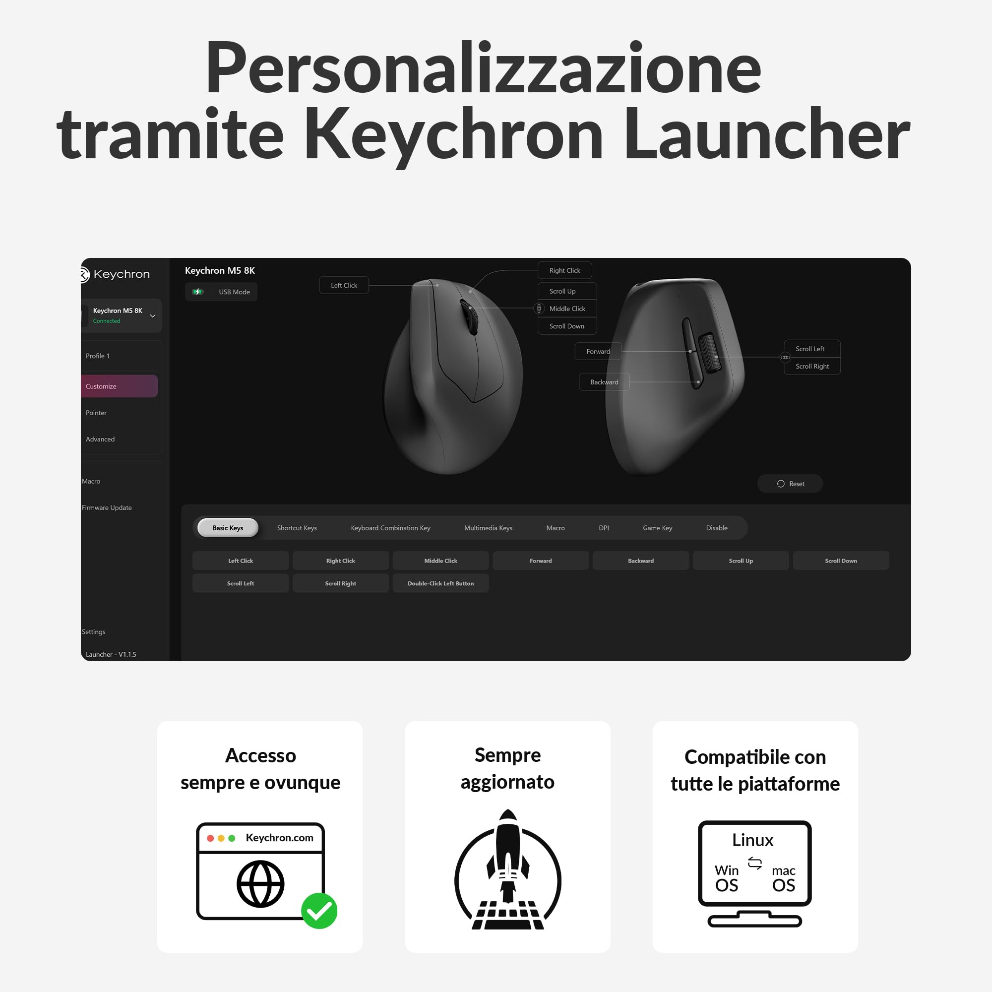 Keychron M5 8K Mouse Ergonomico Verticale, 30 000 DPI, 750 IPS PixArt 3950, 2,4 GHz/Bluetooth 5.3, Batteria da 600 mAh, Programmabili, Mouse da Gioco Wireless 8000Hz per Windows, macOS e iPadOS - Nero