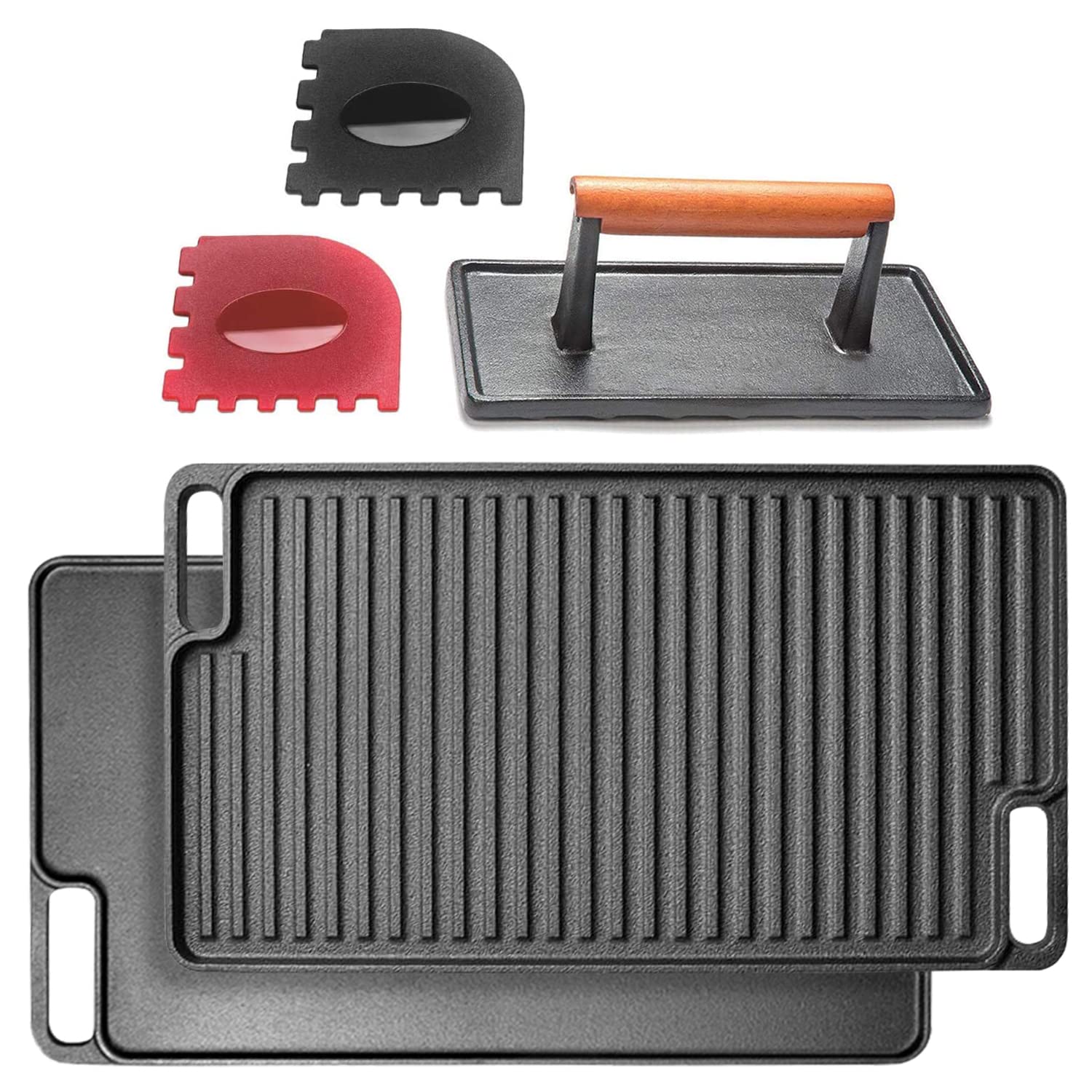 Cast Iron Griddle with Accessories Includes Reversible Cast Iron Griddle/Grill (17" x 9"), Cast Iron Grill Press (4"x 8"), And Two Durable Grill Pan Scrapers (black with griddle ridges)