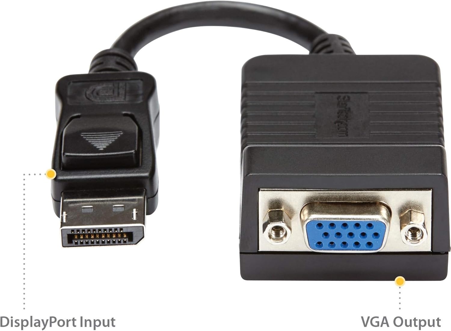 Diagram illustrating the DisplayPort input and VGA output ports on the adapter.