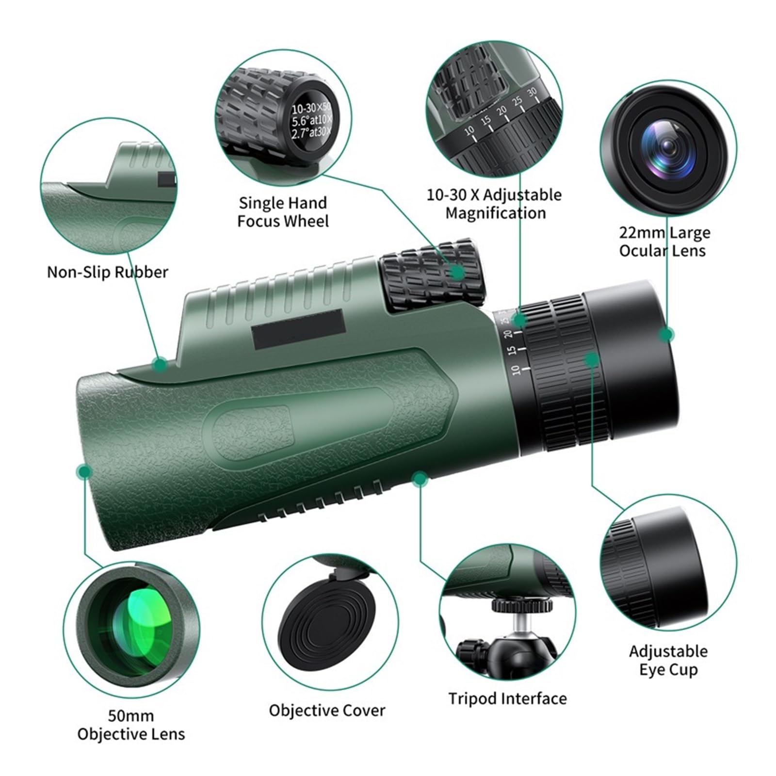 Telescopio Con Zoom 10-30x50, Astronomia, Caccia, Monocolo, Attrezzatura Da Campeggio, Cannocchiale HD Adattatore For Telefono, Treppiede Ingrandimento Nitido(Black Set)