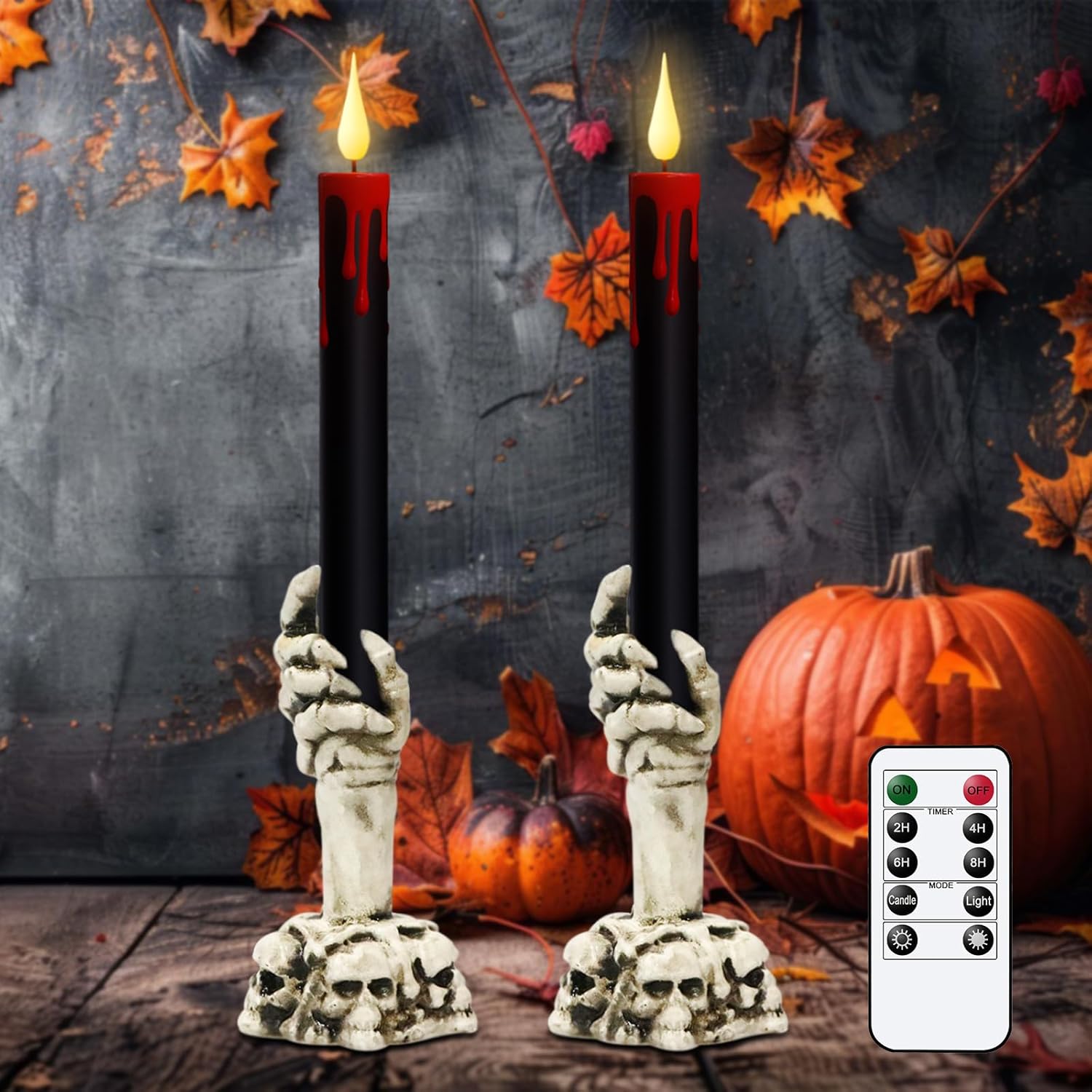 GenSwin Halloween Black Taper Flameless Candles with Ghost Hand Candlesticks and Remote Timer, 2 Pcs Battery Operated Taper Candles with Holder and 3D Flame for Halloween Decor 2-Ghost Hand