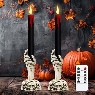 GenSwin Halloween Black Taper Flameless Candles with Ghost Hand Candlest...