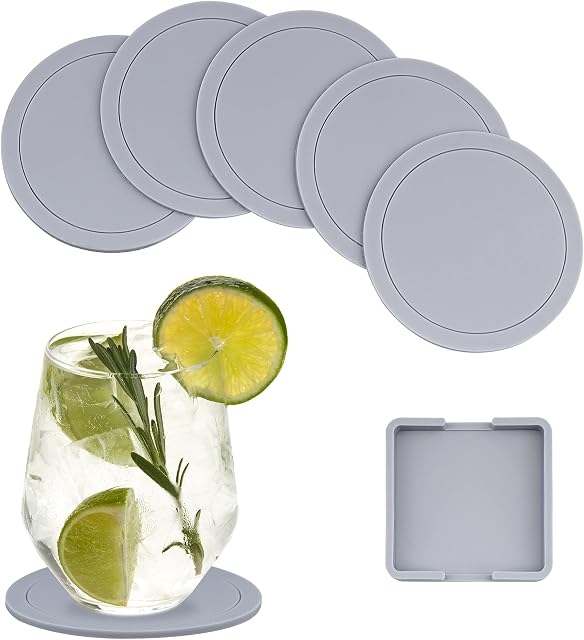 Lamondre Coasters Drink Coasters Set of 6 Non Slip Silicone Pad Mat, Coasters for Drinks Coffee Beer Mats Home and Bar, Gray